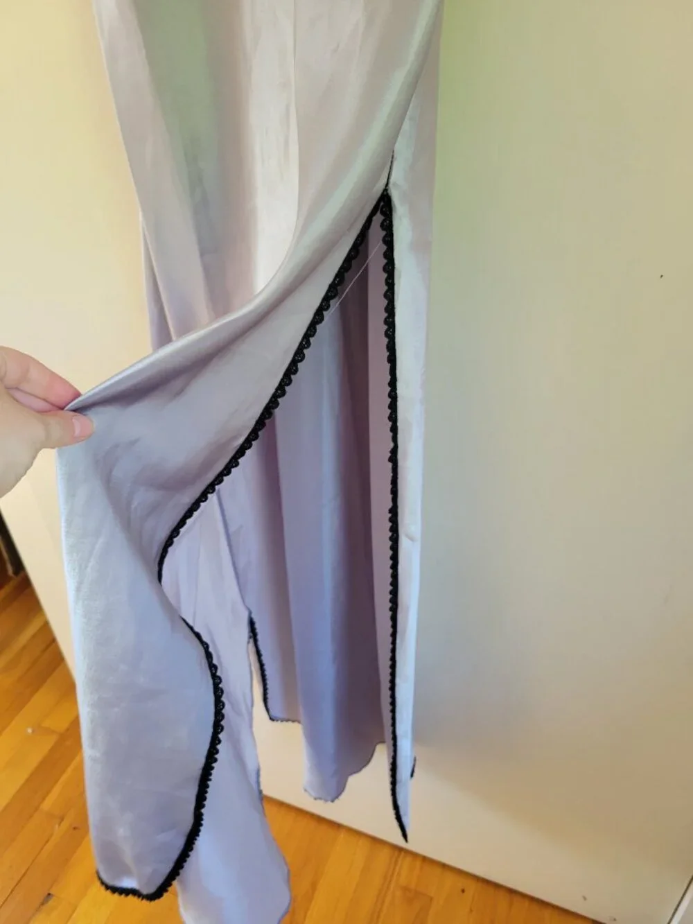 Vintage Satin Slip Dress Lingerie Lavendar Grey Black Crochet Lace Trim Slit S - Picture 5 of 9